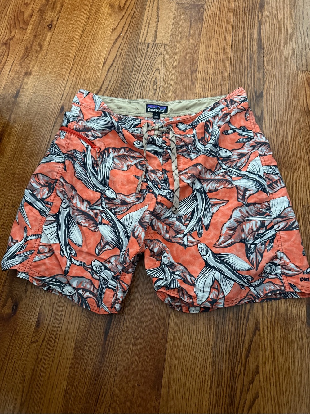 Patagonia Coral Swim Shorts with Black & White Fish Print